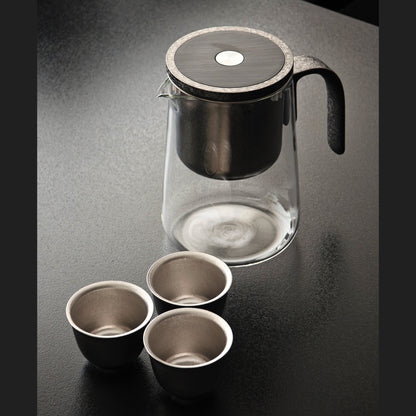 Glass pitcher, titanium brewing chamber, lid, and three cups